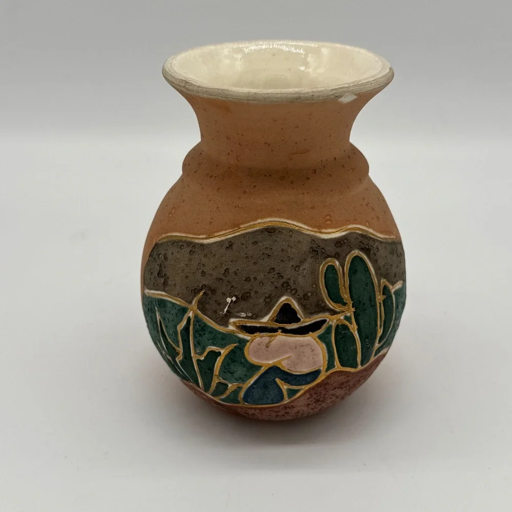 Vintage ACEVLOZA Mexican Pottery Vase Hand Painted Siesta Cactus Gold Trim 5x4
